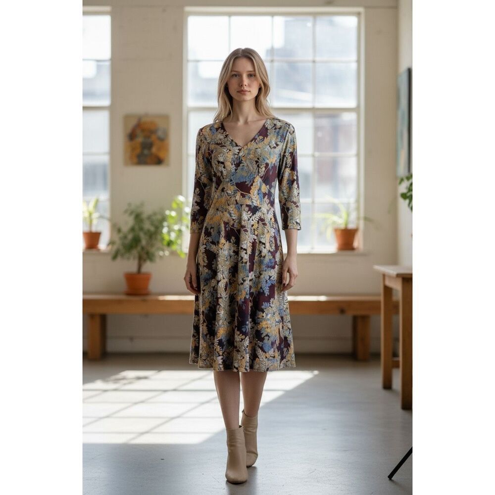 Womens Sahalie Floral Print V Neck Long Sleeve Midi Stretch Knit Dress - Sz M
